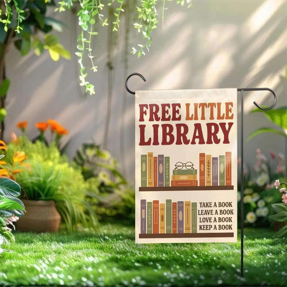 [12 X18] Free Little Library Garden Flag Double Sided, Book Lover Yard Decor, Librarian Reading Corner Outdoor Banner, Booki PPZ