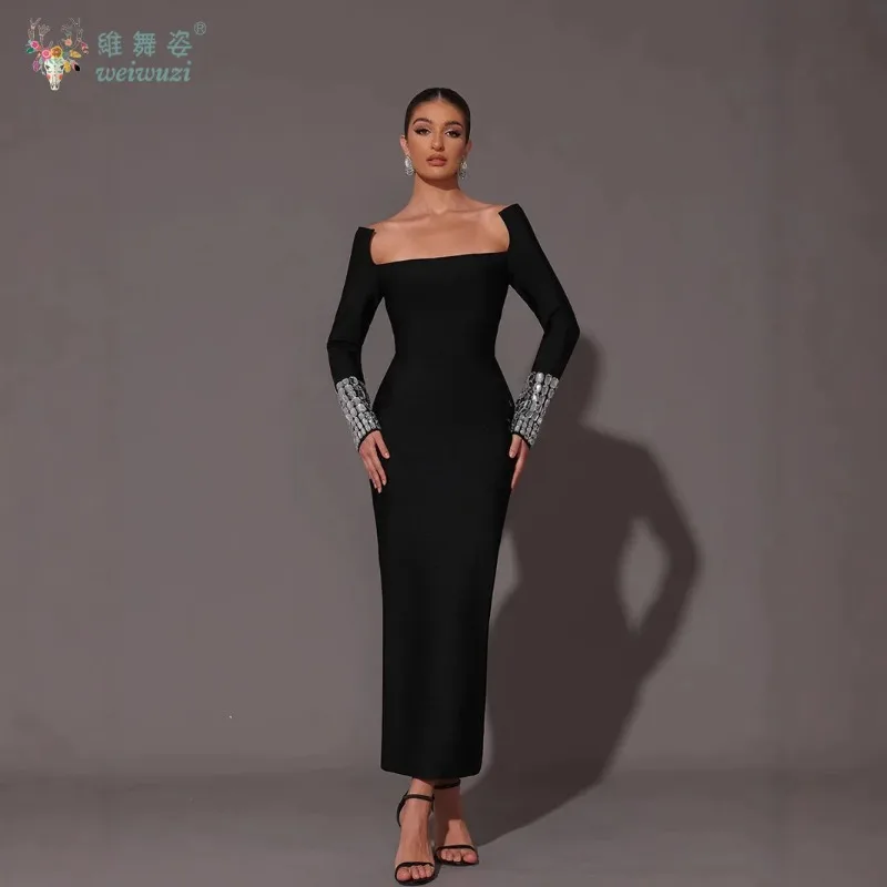 

Осень 2023, новое женское черное элегантное облегающее вечернее платье с квадратным вырезом и длинными рукавами, с квадратным бриллиантом