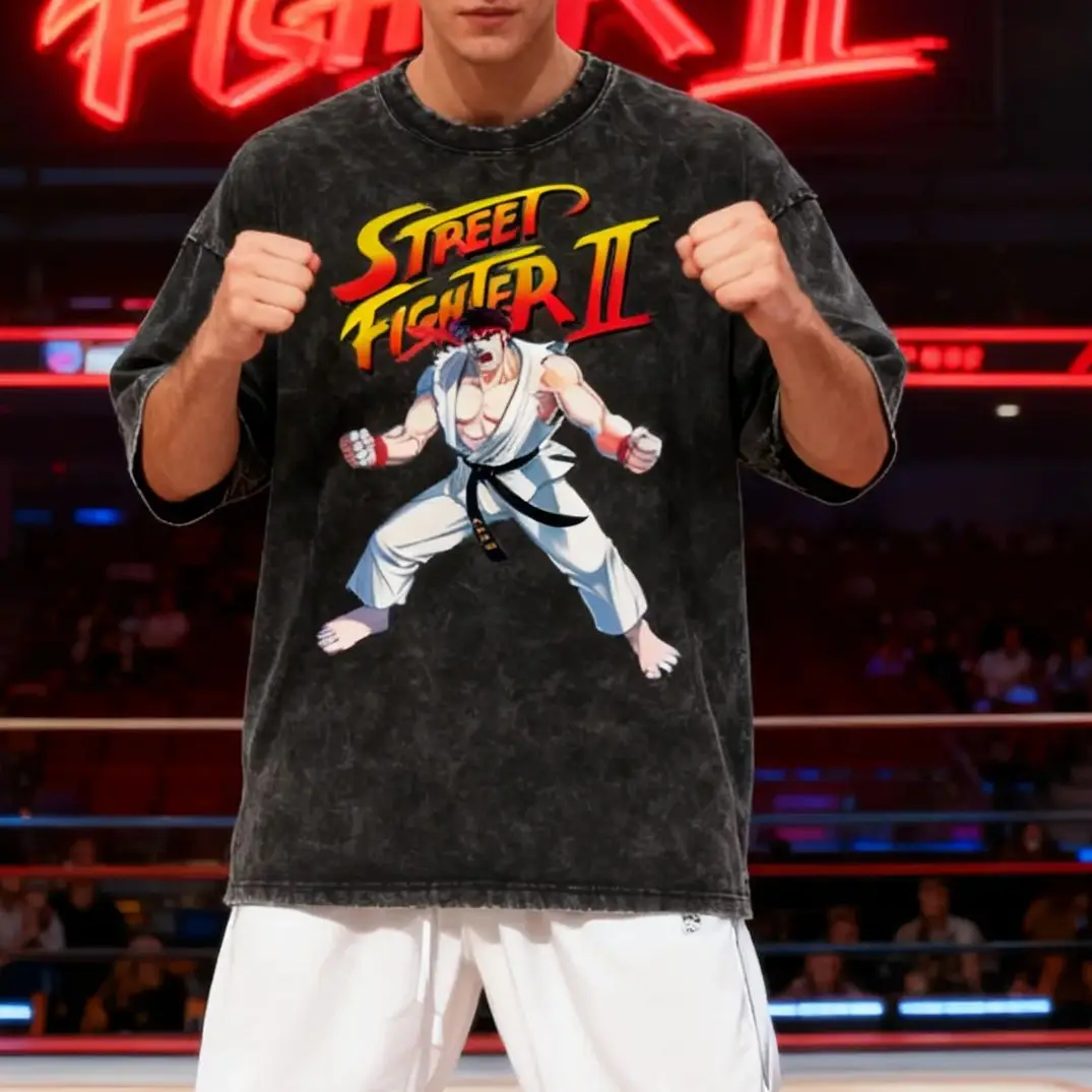 

Classic boxing fighting game Graphic Tee Men's Washed T-shirt Male Retro Game themed Casual Comfortable Streetwear Tshirt