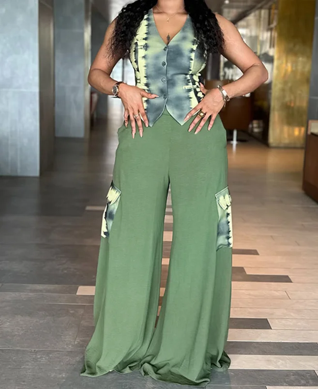 

2-piece set of dark printed V-neck sleeveless vest and casual high waisted wide leg pants with pockets, summer new style