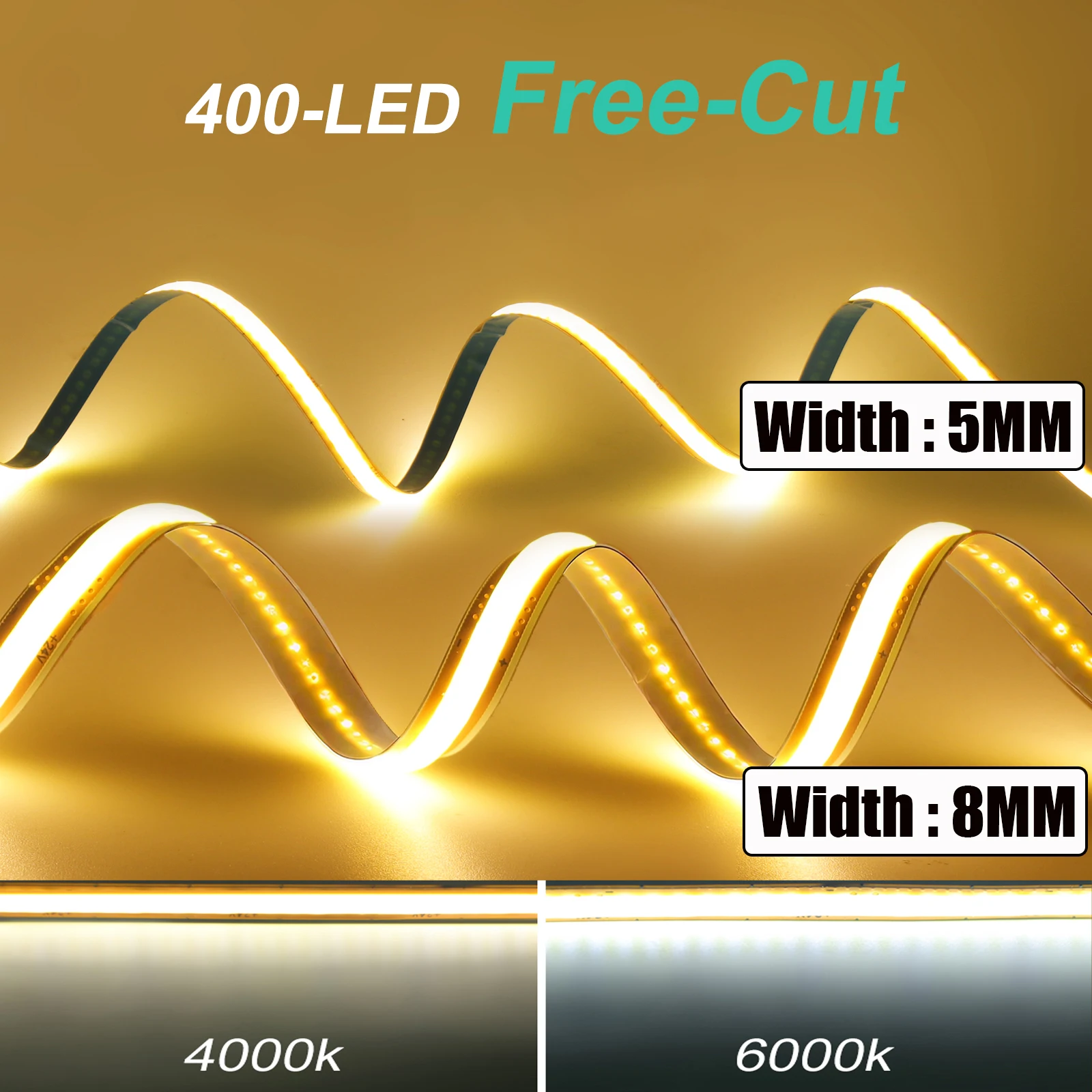 Free Cut LED Strip Light 12V 24V 400LEDs/M Self Adhesive 3000K Warm/4000K Neutral/6000K White IP21 Flexible Rope for Home Decor