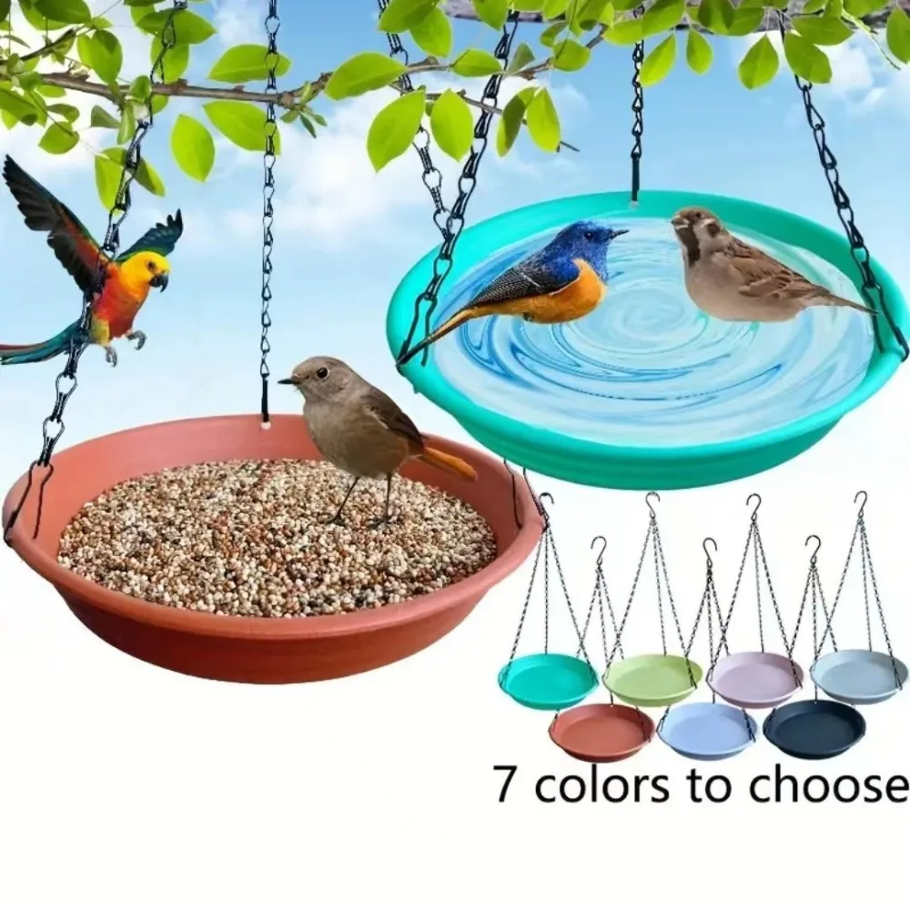 Durable Round Shaped Birds Feeder Birdbath Bowl with Hanging Chain Bird Feeder Plate Water Feeder Outdoor Garden Yard Farm Decor