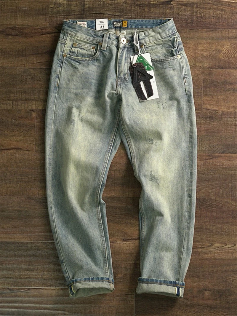 

Мужские джинсы прямого кроя в американском ретро-стиле из хлопкового денима с эффектом потертости, из плотного чистого хлопка, повседневные, в стиле High Street