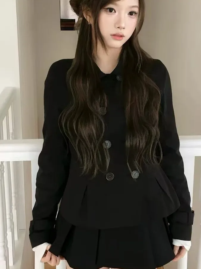 Slimming Chic Vintage Style Short Coat Double Row Button Turn-down Collar Autumn Women's Fashionable Top French Style Slim Fit