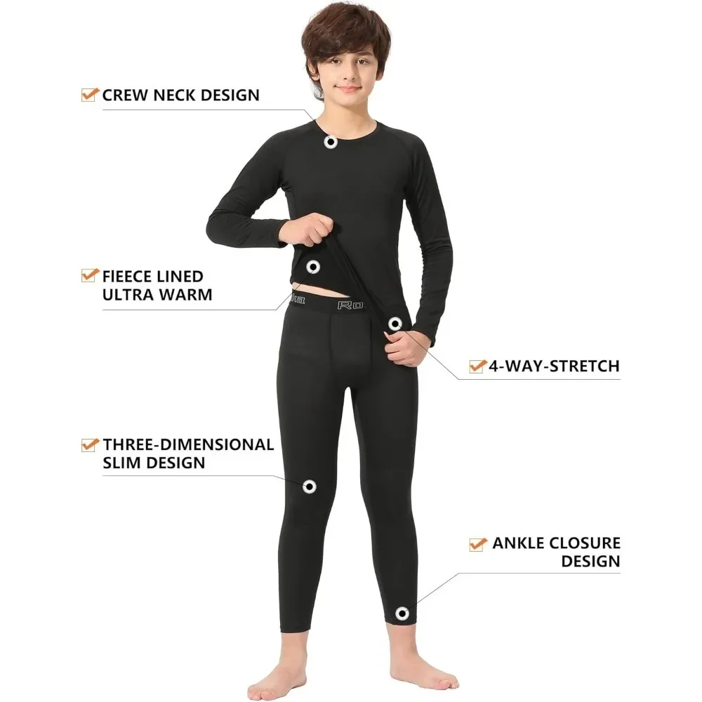 2 Set Youth Boys' Thermal Underwear Set Fleece Lined Compression Shirt Leggings Pants Kids Base Layer Cold Weather