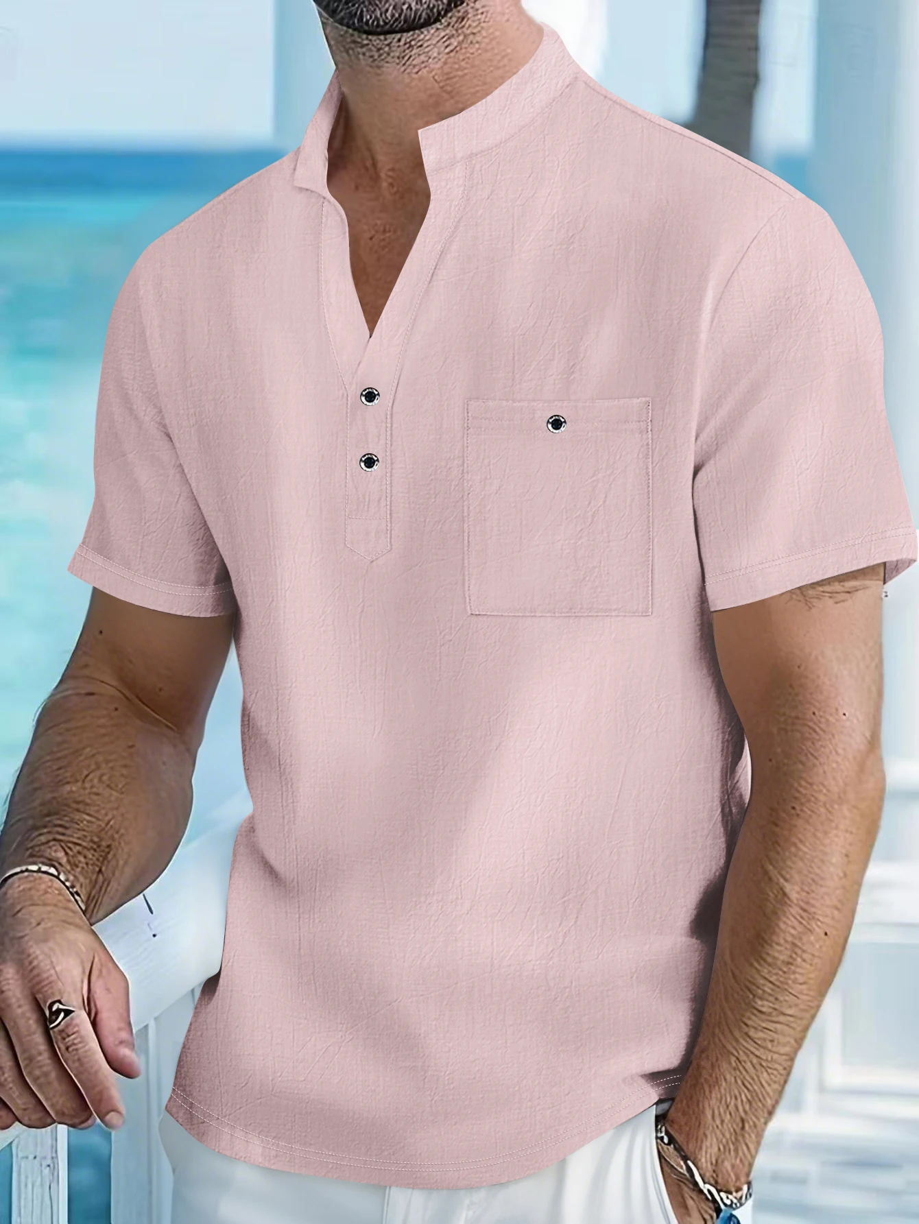 Camisa de manga corta de lino y algodón para hombre con cuello levantado y solapa de medio botón - Ropa informal de ocio al aire libre para primavera y verano