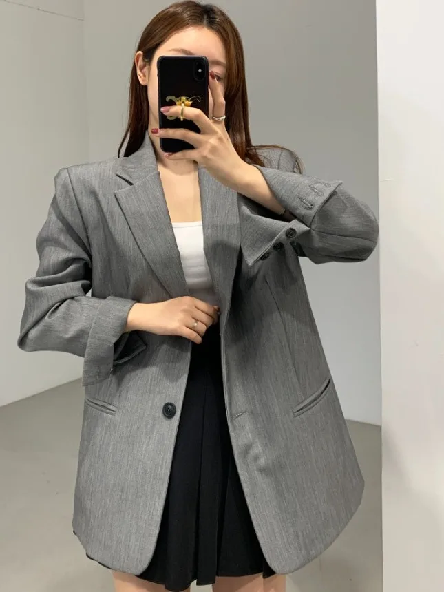 

Classic Chic Single-Button Loose Casual Long-Sve Color Women's Suit Jaet Vintage Sle All-Match Spring Outerwear