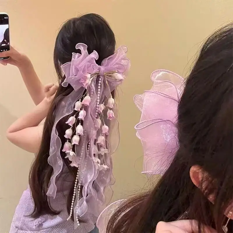 Fashion Tassel Hair Clip with Mesh Bow for Girls Wedding Party image 3