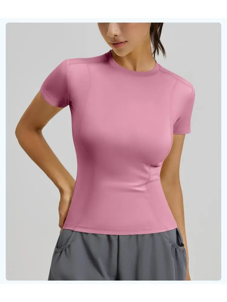 Women Crew Neck Workout Short Sleeve Tops Seam Curved Fitted Yoga T-Shirt Quick Dry Slim Athletic Tee for Running Gym Pilates