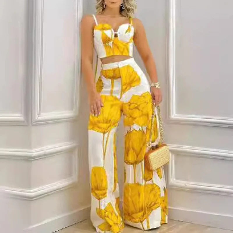 2024Summer Amazon Cross-Border European and American Foreign Trade Women's Clothing Printed Suspender Top Wide Leg Pants Suit