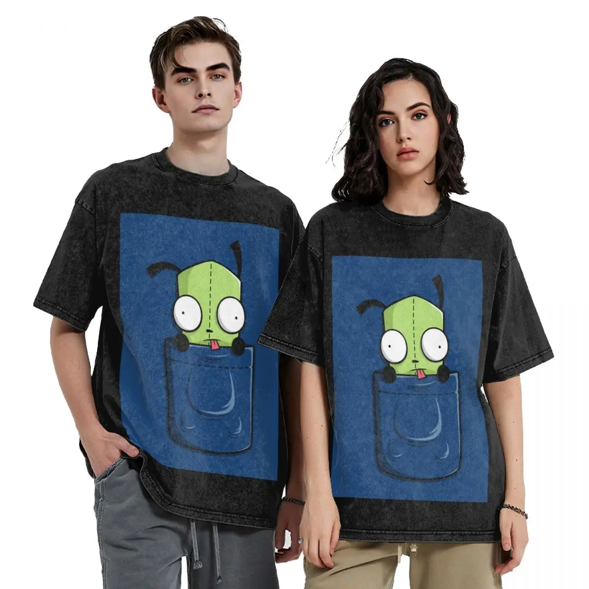 Pocket Spare Parts Invader Zim Gir Hip Hop Short Sleeve T-Shirts Washed Tops Tees Streetwear T Shirt Printed for Men Women