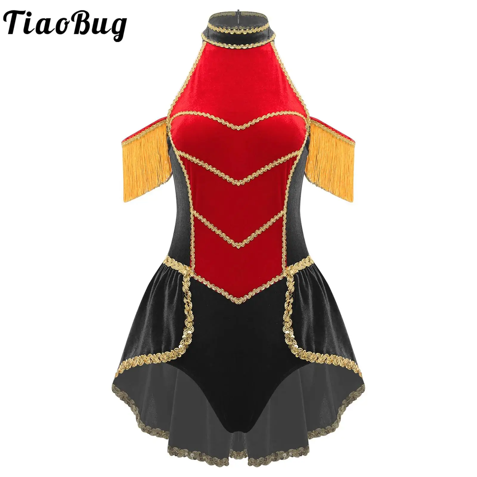 

Women Circus Honor Guard Costume Cosplay Bodysuit Dancewear Club Velvet Gold Trim Swallowtail Jumpsuit for Halloween Theme Party
