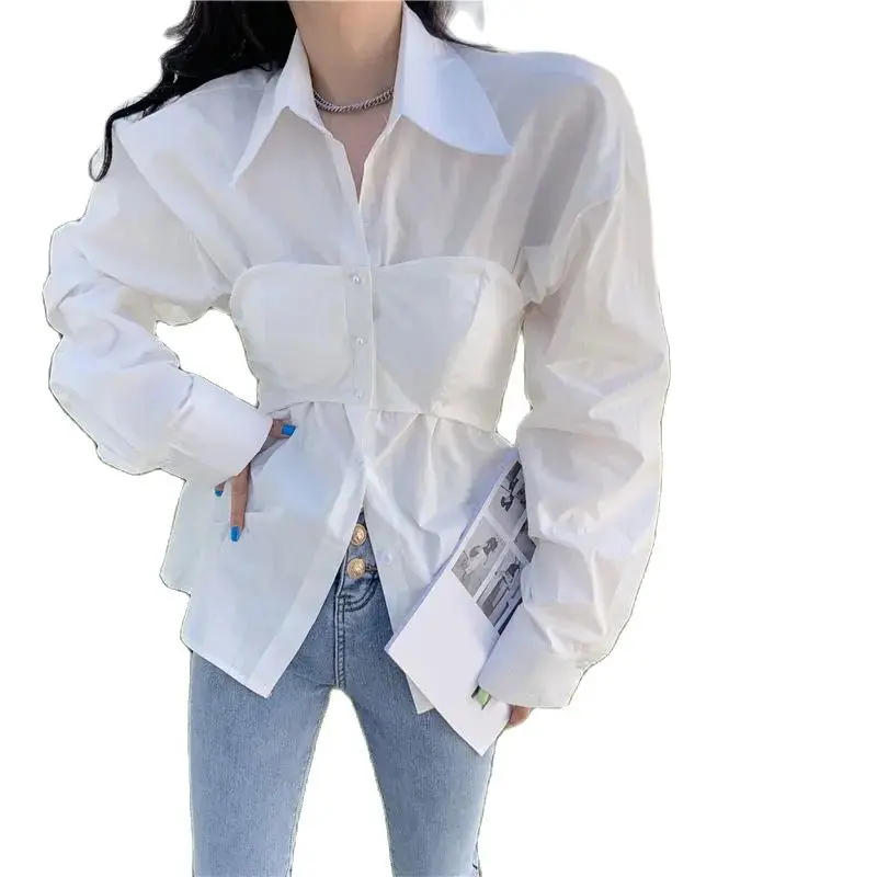 Spring Autumn POLO Collar Fashion Long Sleeve Shirt Women High Street Solid Color Button Cardigan French Style Patchwork Tops