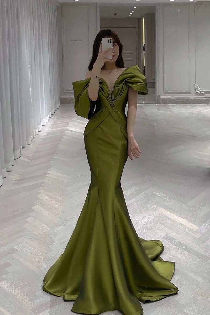 RONGKUN Green Silk Satin Mermaid Evening Dress 2023 Off The Shoulder Women Formal Prom Gowns Party Robes De Soiree Custom Made