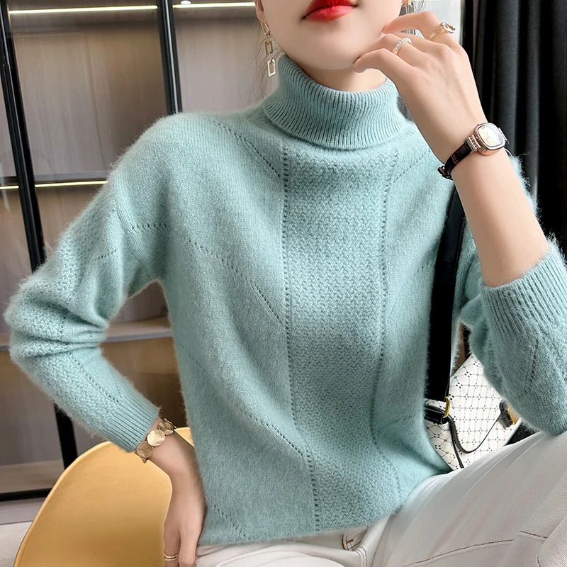 Fall/Winter Thick 100%Pure Mink Cashmere Sweater Women High Lapel Knit Pullover Wild Warm Solid Color Shirt Fashion Korean Tops