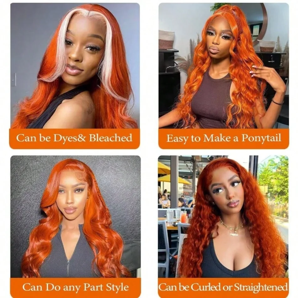 350 Ginger 13x4 HD Transparent Lace Front Wigs Human Hair Orange Colored Body Wave Lace Front Wig For Women 350 Color Wig Free Part Realistic Looking 30 Inch view 5