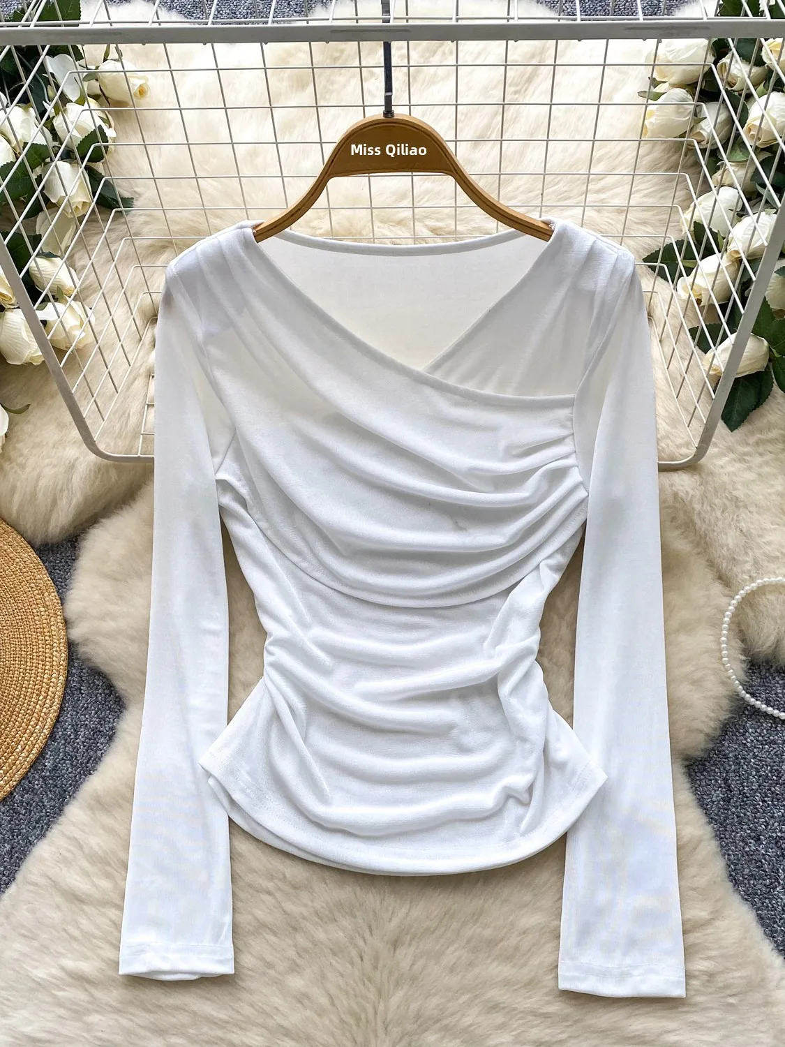 Cseta Sexy de Manga Longa com Decote em V Cruzado para Mulheres, Ajuste Slim, Cintura Ajustada, Top Faionável, Estilo Ca...