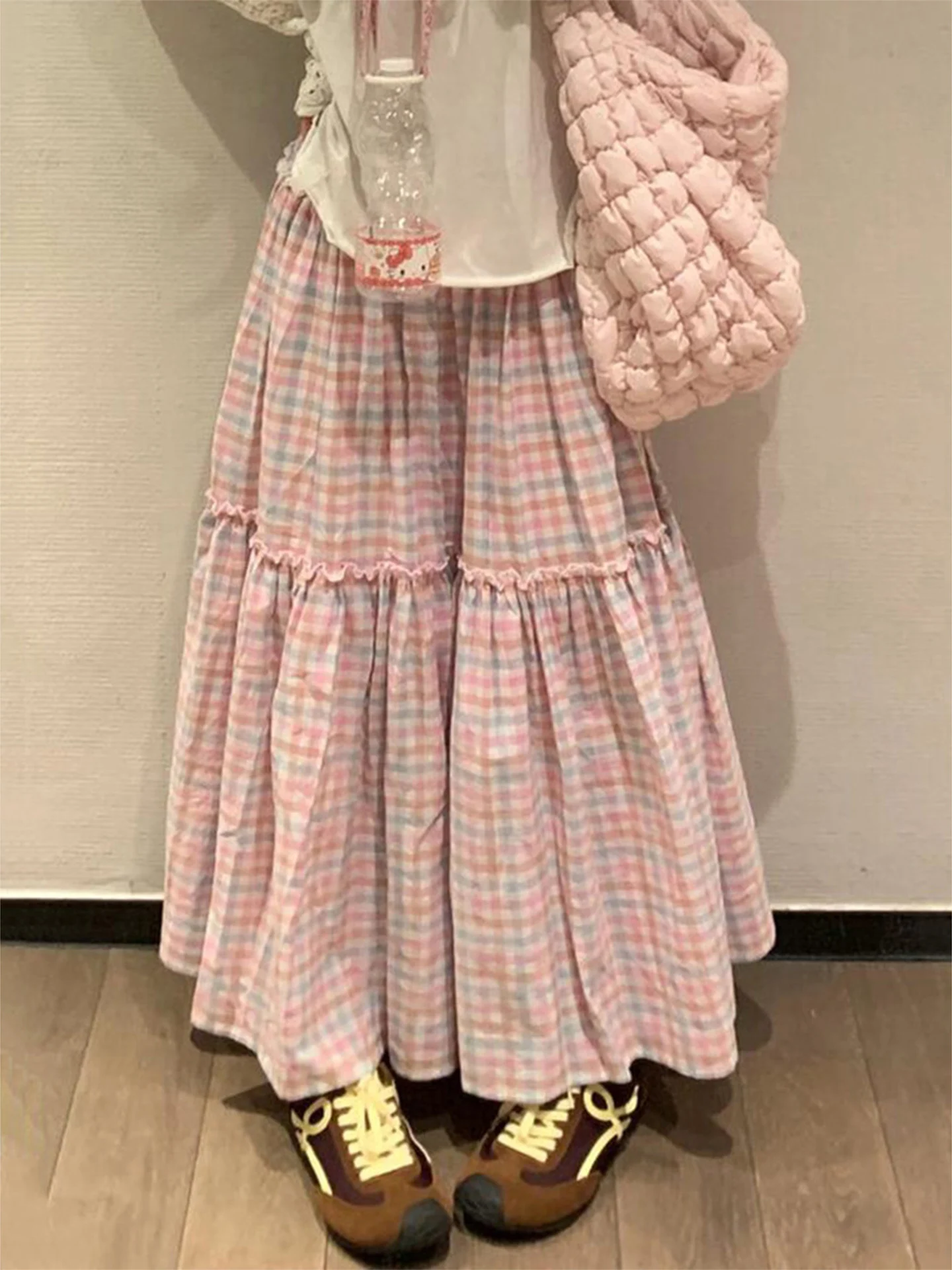 High Waist Plaid A-Line  Skirt Women's Gentle Wind Pink Checkered Long Skirt Spring Autumn Season Casual Style Skirt