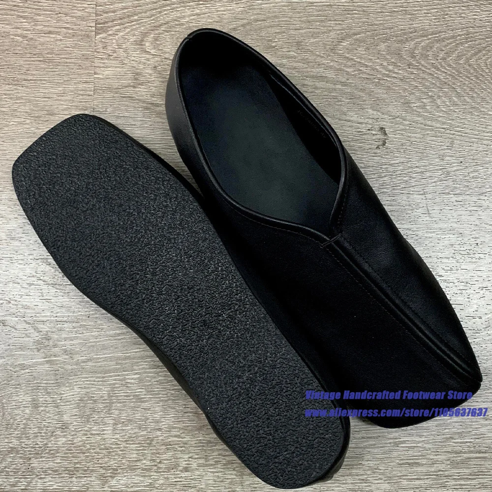 V-Cut Square Toe Slip On Loafers Soft Leather Black Flat Casual Dress Shoes ﻿Low Flat Sole Vintage Handcrafted Men's Shoes
