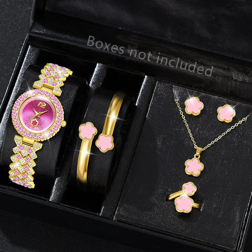 6PCS/Set Women's Pink Alloy Watch Strap Fashionable Rhinestone Quartz Watch Necklace Earrings Jewelry Set