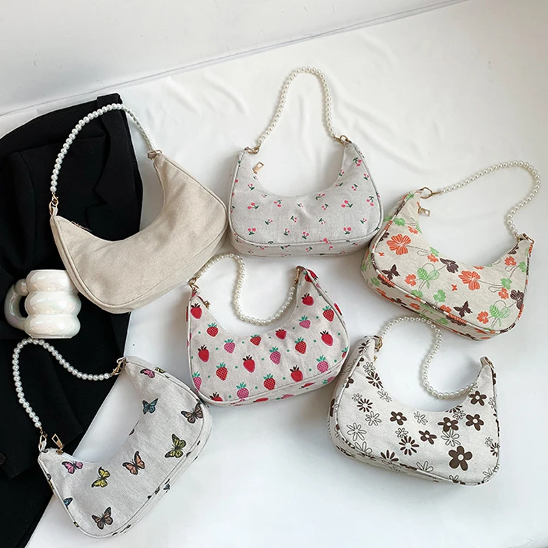 Fashion Strawberry Pattern Underarm Bag Thick Chains Women Shoulder Bags Pearls Chain Handbags Printing Small Hobos Phone Purse