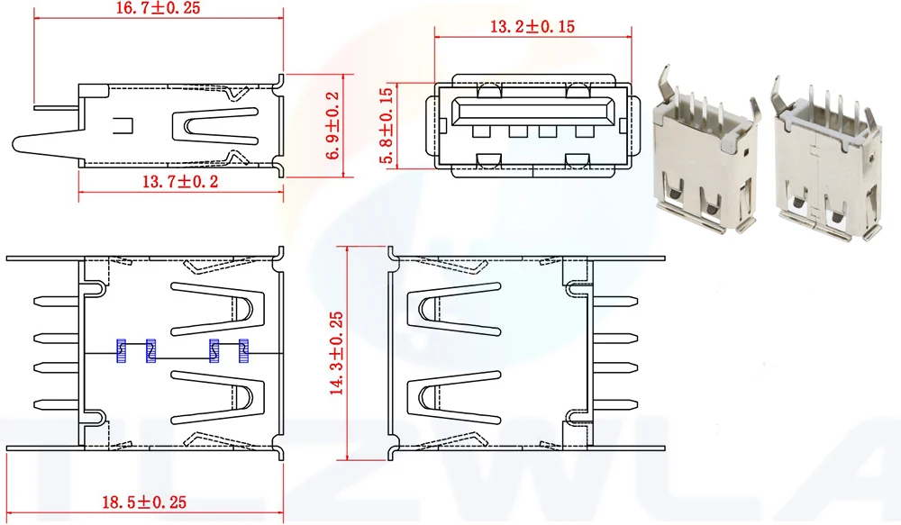 10PCS USB Type A Female Socket 180 Degrees Vertical 4Pin USB Interface Sides Of the Curved Needle