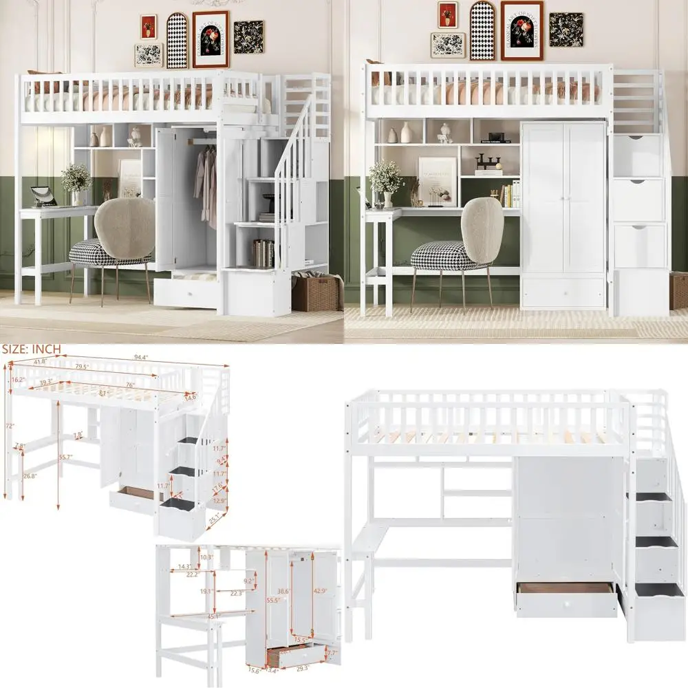 

Деревянная двухъярусная кровать-чердак с лестницей, столом и местом для хранения для детей, белая