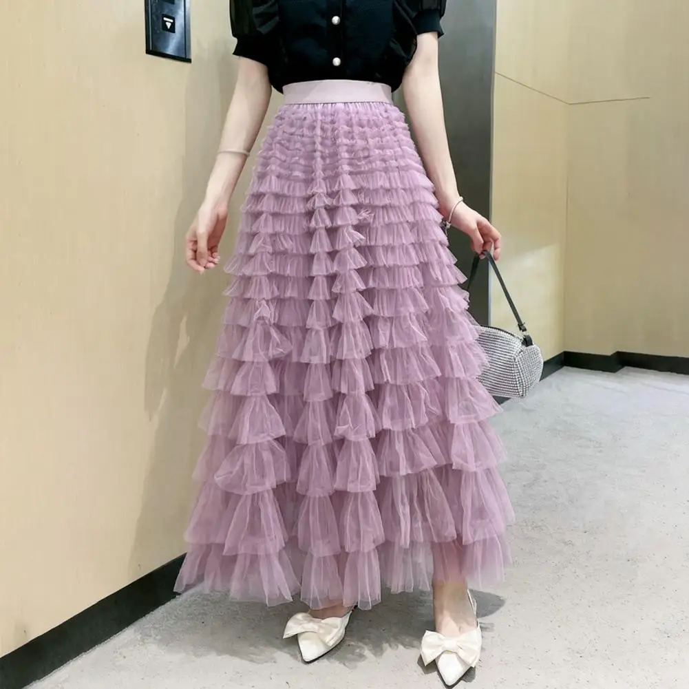 Women Mesh Skirt High Waist A-line Ruffle Mesh Cake Skirt Princess Flowy Pleated  Elegant Women Maxi Skirt Versatile Long Skirts