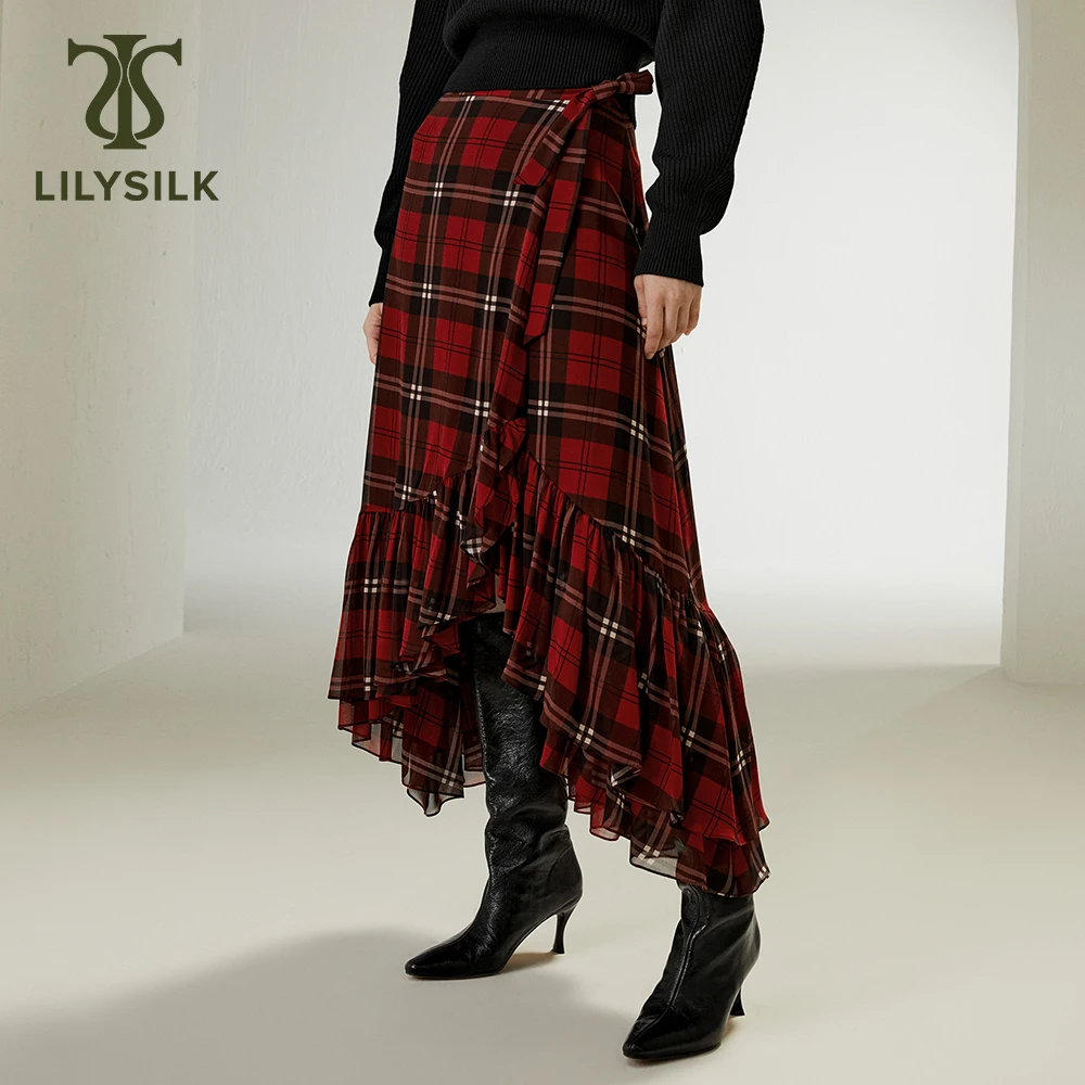 LILYSILK Women's Silk Pleated Skirt Ladies Christmas Pattern Clothing with High-low Ruffled Hem Design for Casual Occasions