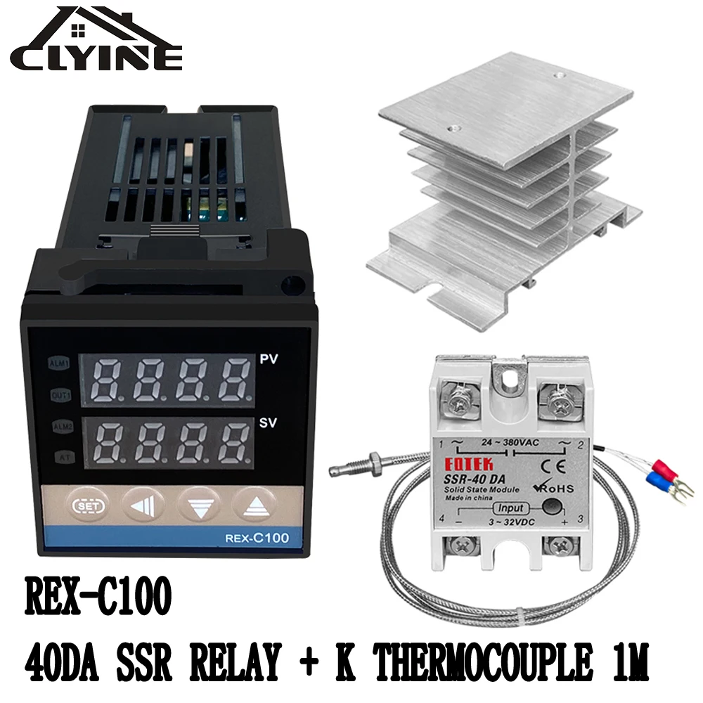 

Digital PID Temperature Controller Thermostat REX-C100 + Max 40A SSR SSR-40DA Relay + K Thermocouple M6 1M Probe with Heat Sink