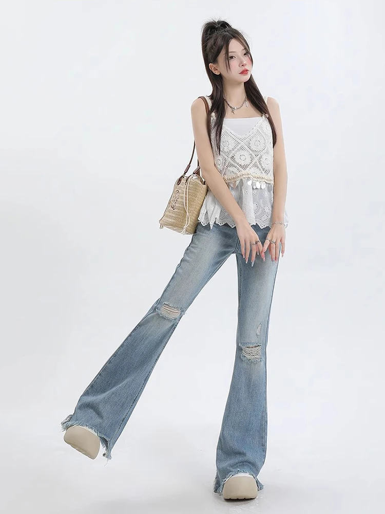 REDDACHiC High-Low Raw Edge Flare Jeans Women Casual High Rise Vintage Wash Destroyed Whiskers Bootcut Pants OL Summer Clothes