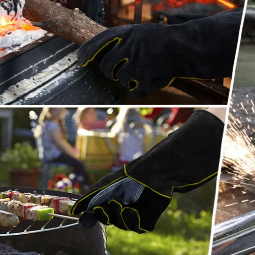 Leather Heat Resistant Gloves High Temperature Resistance Heat Insulation Safety Gloves 14/16 Inch Oven Gloves Kitchen