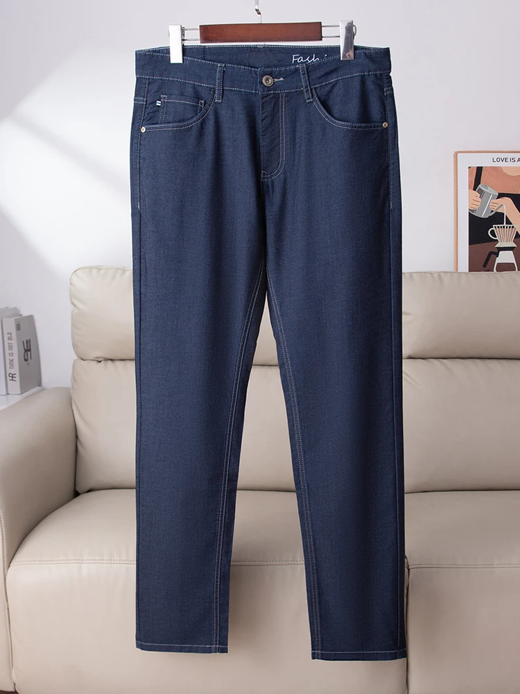 

Waed Deep Blue Straight Leg Jeans Men's Lightweight Stretchy Slim Fit Casual Faion Long Pants mid Waist Modern Sle