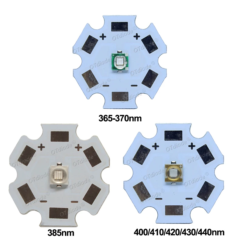 رقاقة مصباح LED عالية الطاقة باللون البنفسجي فوق البنفسجي ، حبات الضوء فوق البنفسجي مع ثنائي الفينيوم ، 365 نانومتر ، 370 نانومتر ، 385 نانومتر ، 39 نانومتر ، 400 نانومتر ، 410 نانومتر ، 420 نانومتر ، 3 واط ، 1-50