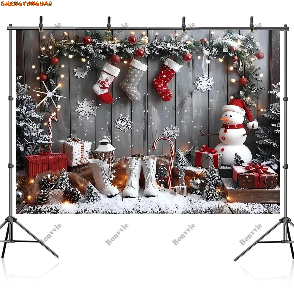 Bonvvie feliz natal pano de fundo árvore de natal presentes boneco de neve família festa decoração fundo photocall fotografia para estúdio foto