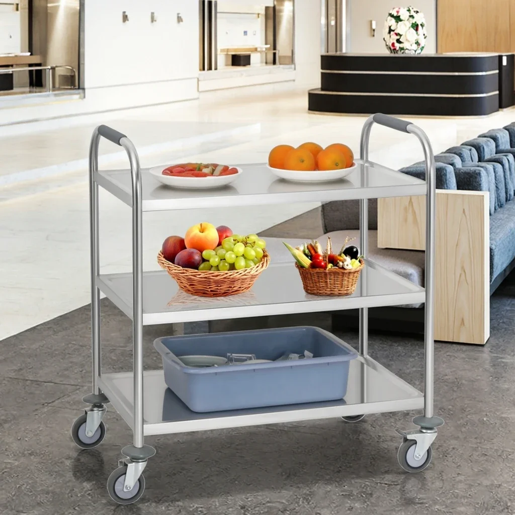2026 Movable 3-Tier Food Service Trolley for Hotels Catering and Cafe Use Restaurant & Hotel Service Equipment