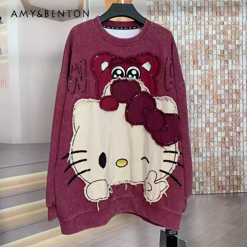 

Trendy Brand Autumn Heavy Industry Embroidery Cartoon Cute Sweet Round Neck Long Sleeves Fashion Sweatshirts Women's Y2k Hoodies