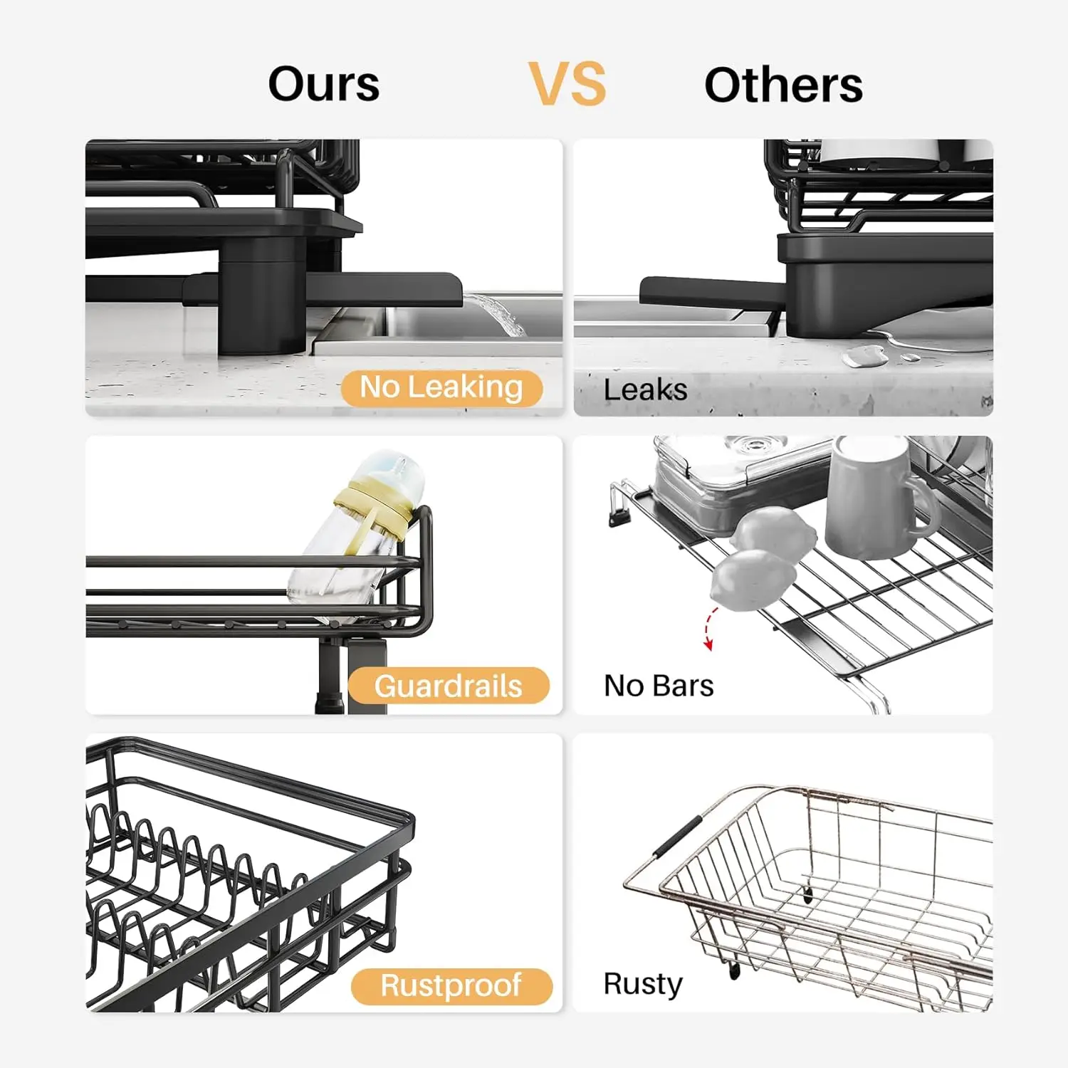 Extendable Dish Drying Rack with Utensil Holder, Large Stainless Steel Sink Drainer for Kitchen Counter in Black