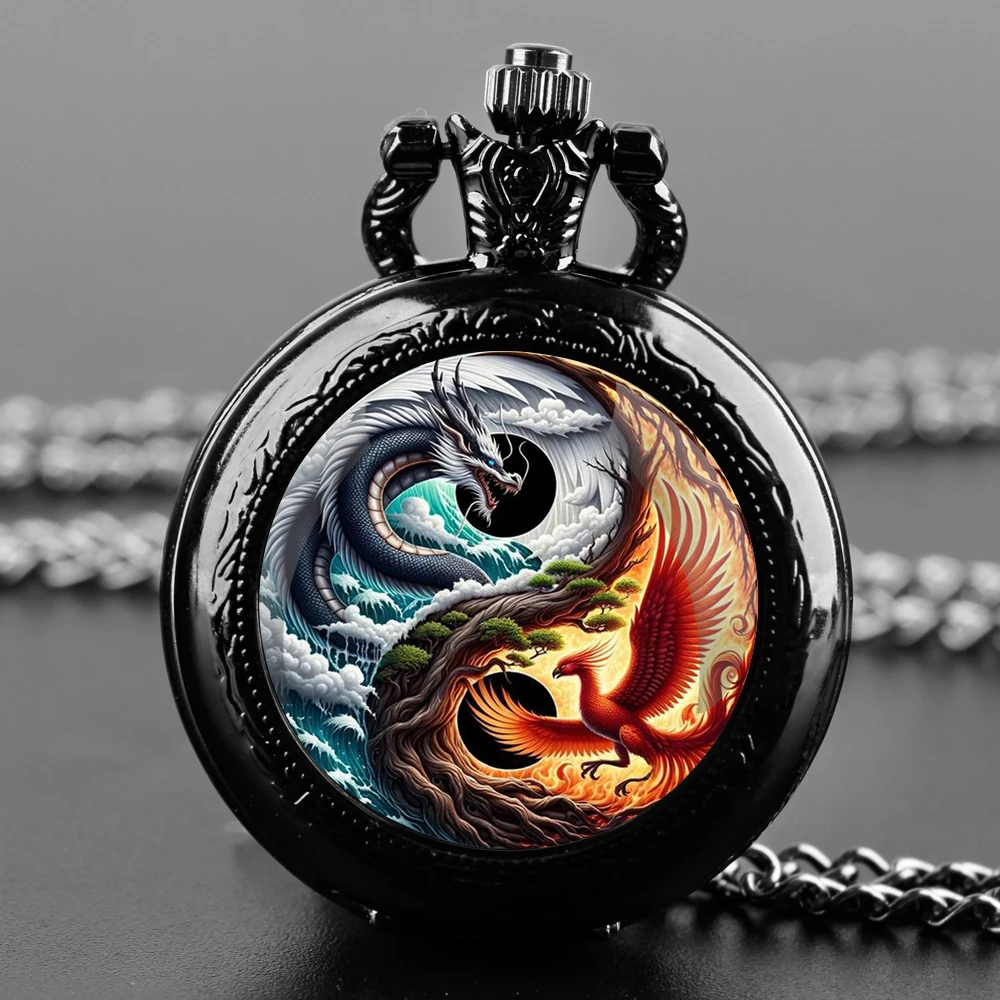 Крутые карманные часы с изображением дракона Инь и Ян и ожерелья, корпус из сплава, кварцевые часы, часы для мужчин, женщин, детей