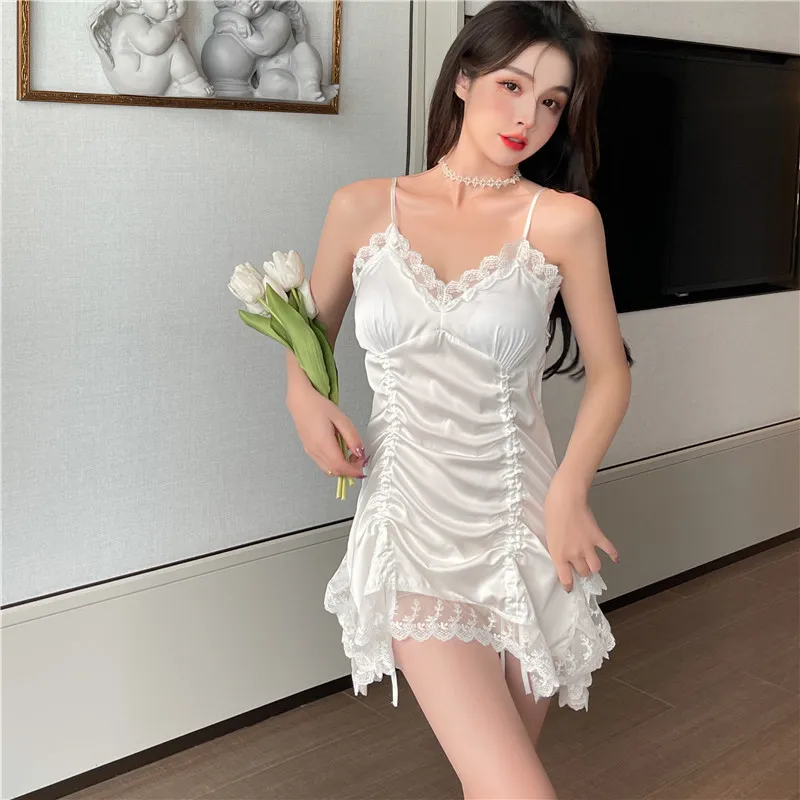 Women Satin Sleeveless Solid Nightgown Lace Erotic Nightdress Female V-neck Homewear Nightwear Night Dress Women Sexy Sleepwear