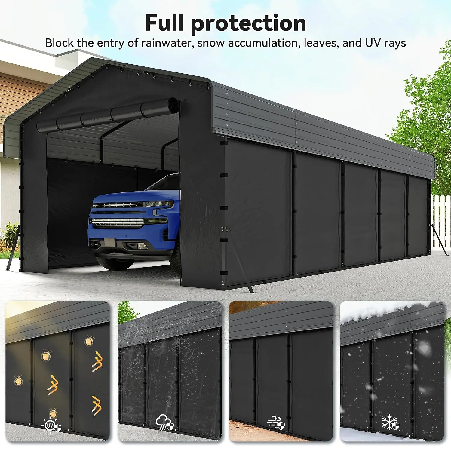 13x26FT Heavy Duty Metal Carport with 4 PE Sidewalls, Gray, Customized
