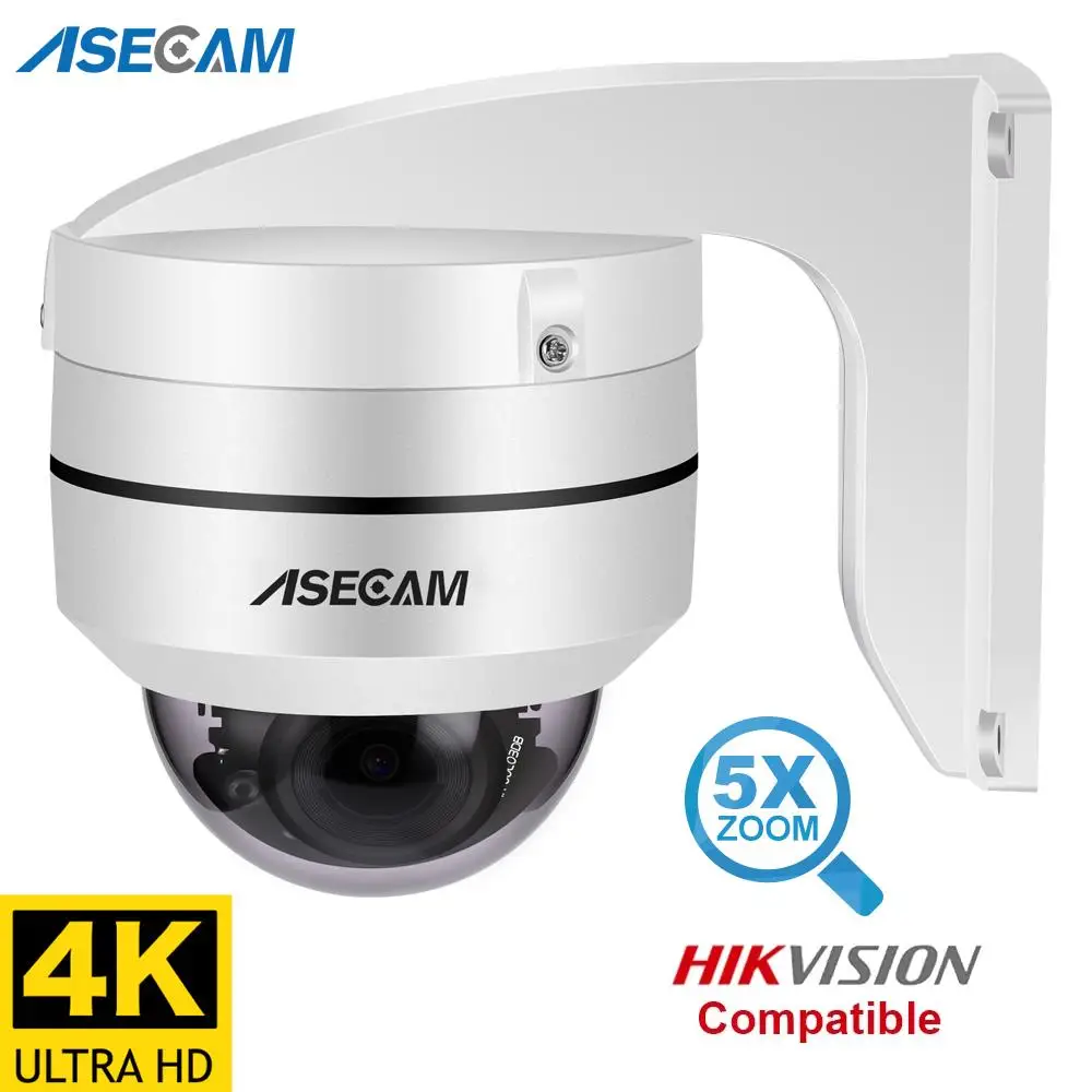 Hikvision 호환 IP 카메라, 야외 돔 Onvif PoE 5X 광학 줌 CCTV 오디오, AI 자동 추적 감시 카메라, 8MP 4K PTZ 