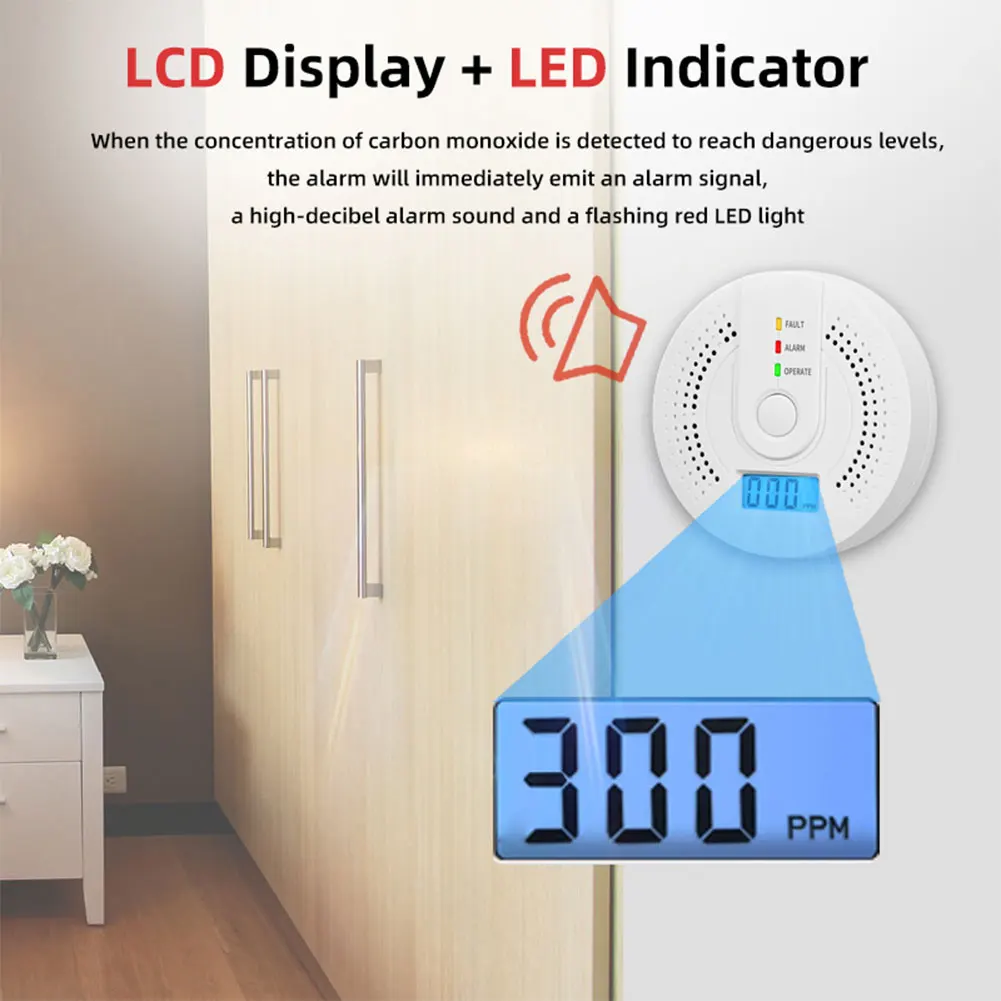 Detector de monóxido de carbono, alarma de advertencia de CO, Sensor de monóxido de carbono alimentado por batería, pantalla LCD de advertencia de alta sensibilidad, Detector de CO