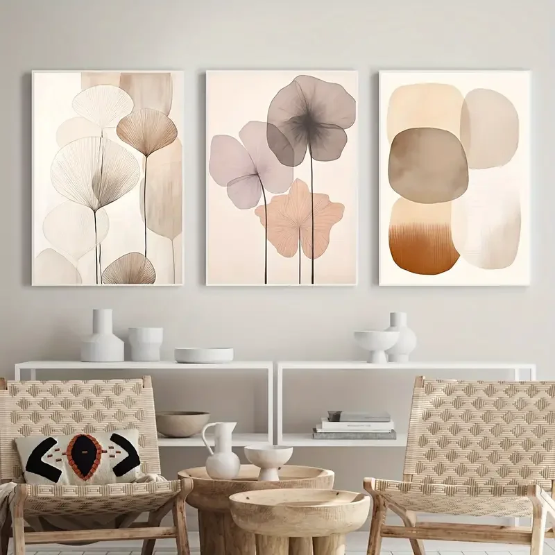 3pcs Unframed Abstract Beige Canvas Poster, Simple Flower Japanese Painting, Wabi-sabi Ali Geometric Canvas Wall Art, Artwork Wa