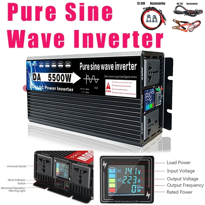 3500W/4500W/5500W Pure Sine Wave Inverter 24/48/60/72V to 220V Power Solar Inverters Voltage Converter Transformer LCD Display