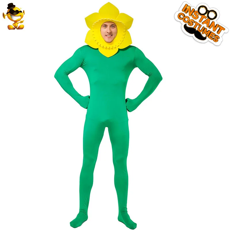 Halloween Sunflower Costume Adult Men Women Flower Headwear Jumpsuit Stage Show Performance Wear Funny Party Cosplay Clothes