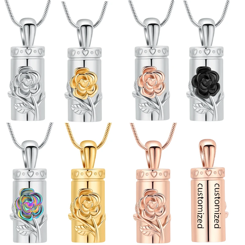 Engraved Rose Urn Memorial Necklace Long Tube Pendant Larger Capacity For Ashes Stainless Steel Elegant Gift To Women Jewelry