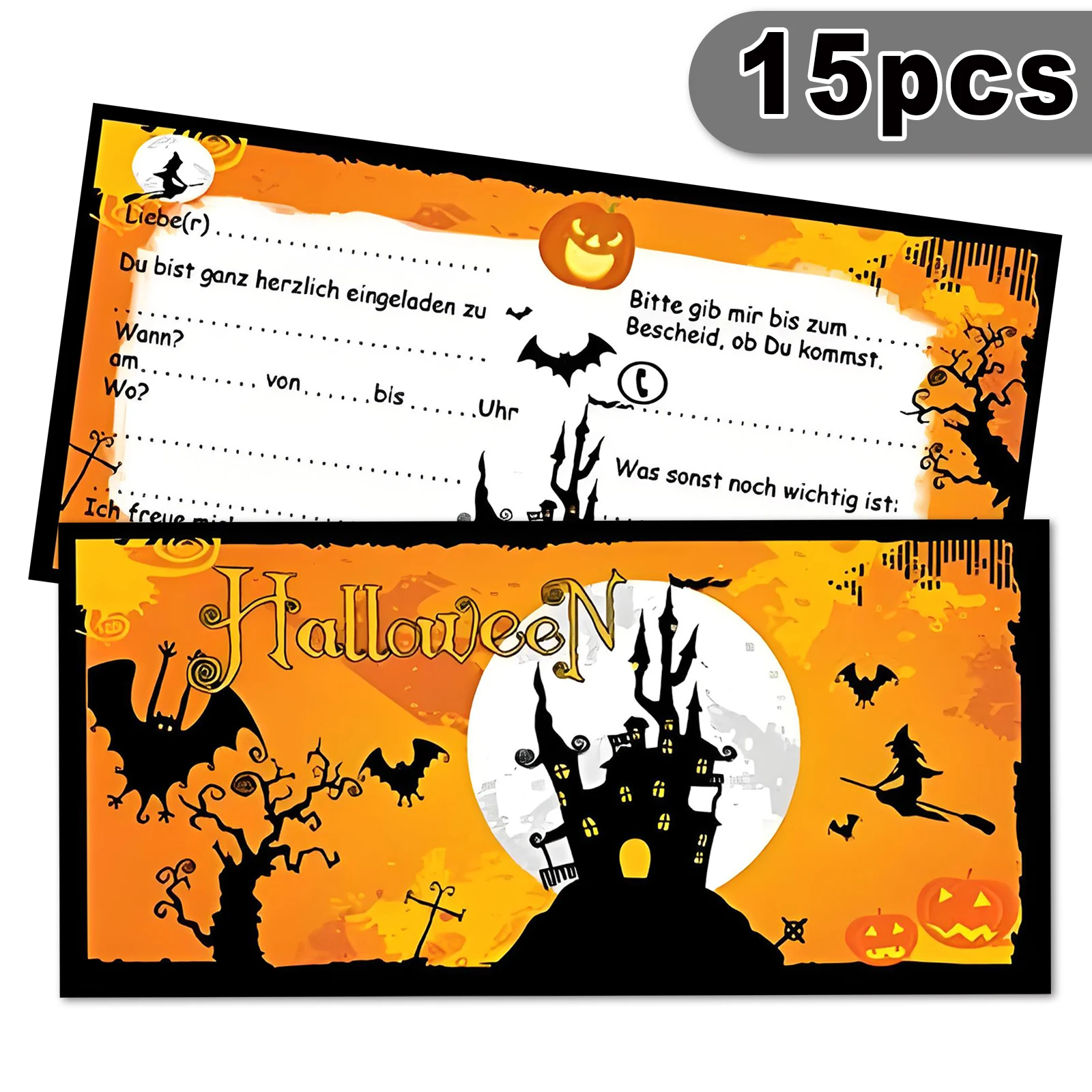 15 Stück Halloween-Party-Einladungskarten – Schloss- und Hexen-Horror-Thema – für Halloween-Partys/Mottopartys/Kindergärten/Klassen