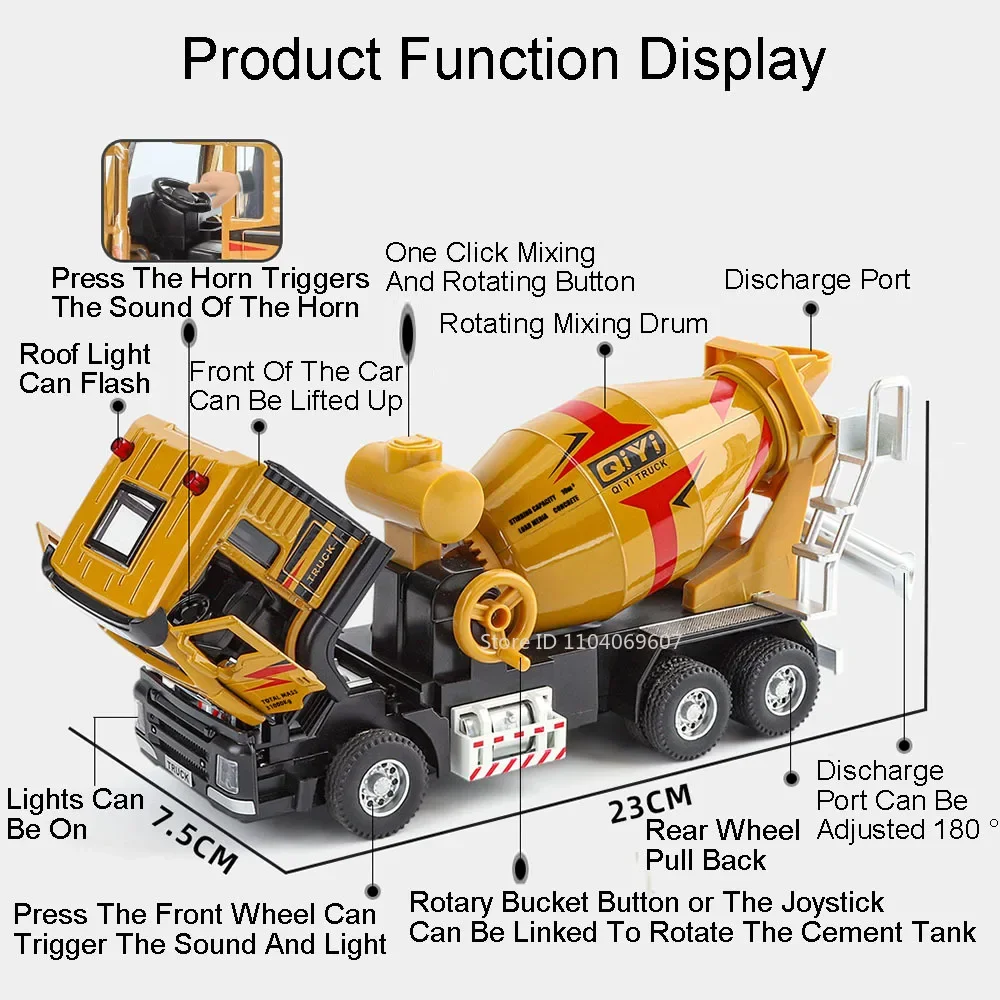 1:40 Alloy Model Electric Mixer Truck Toys Metal Diecast Engineering Vehicles Sound Light Doors Opened Pull Back for Boys Gifts