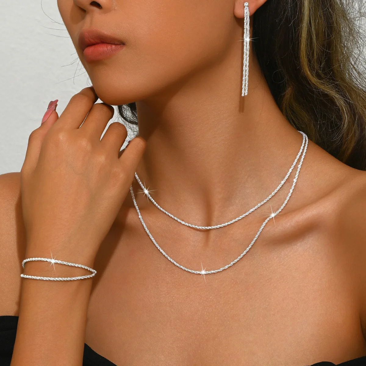 Shiny Silver Plated Collarbone Chain Necklace Bracelet Set